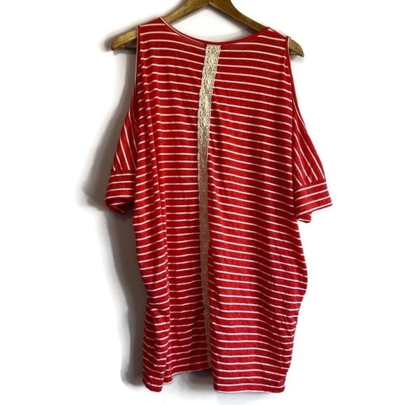UMGEE Red Striped Cold Shoulder Lace Tunic Blouse Shirt Swim Coverup Pockets M - Picture 14 of 14